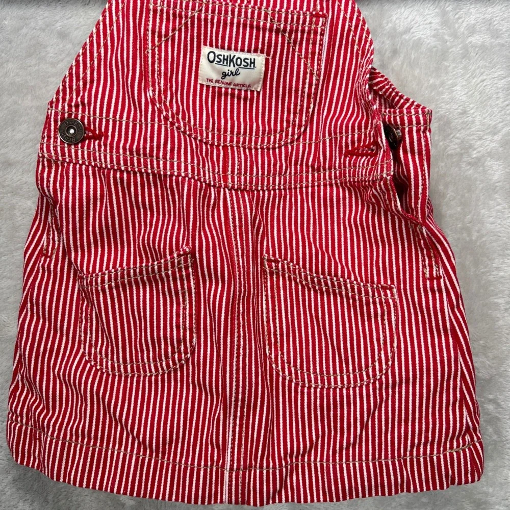 OshKosh B'gosh Girl Red White Hickory Stripe Denim Overall Dress 18 Months